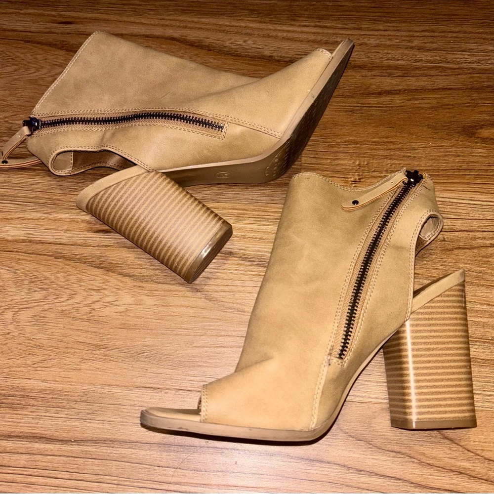 Tan Peep-Toe Ankle Boots
